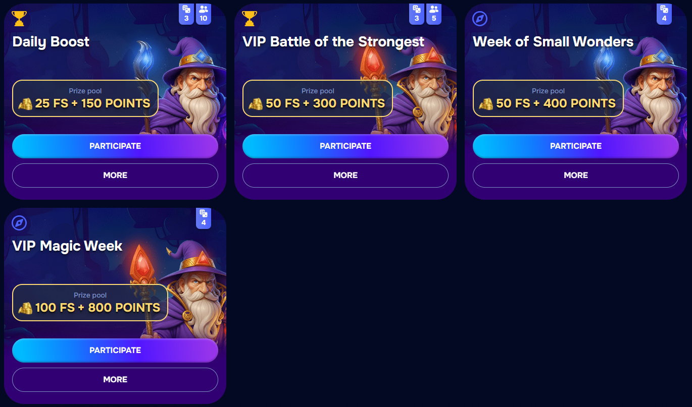 Wizardo bonuses missions including daily boost 25 FS and VIP battle.