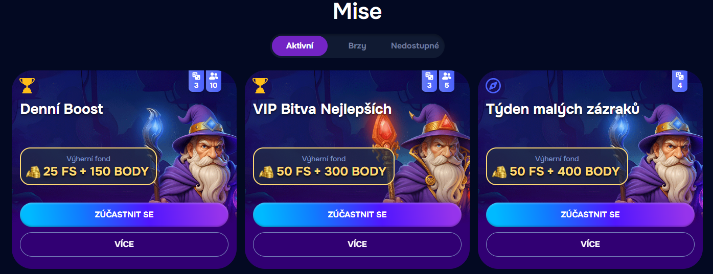 Přehledová deska VIP misí v kasinu Wizardo s bodovými odměnami.