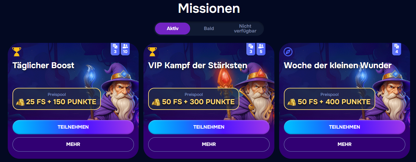 Missionen in der Wizardo-App für tägliche und wöchentliche Freispin-Boni.